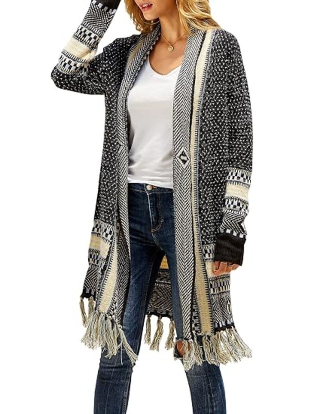 Women's Black White Beige Knit Fringed Long Cardigan Sweater Size Large